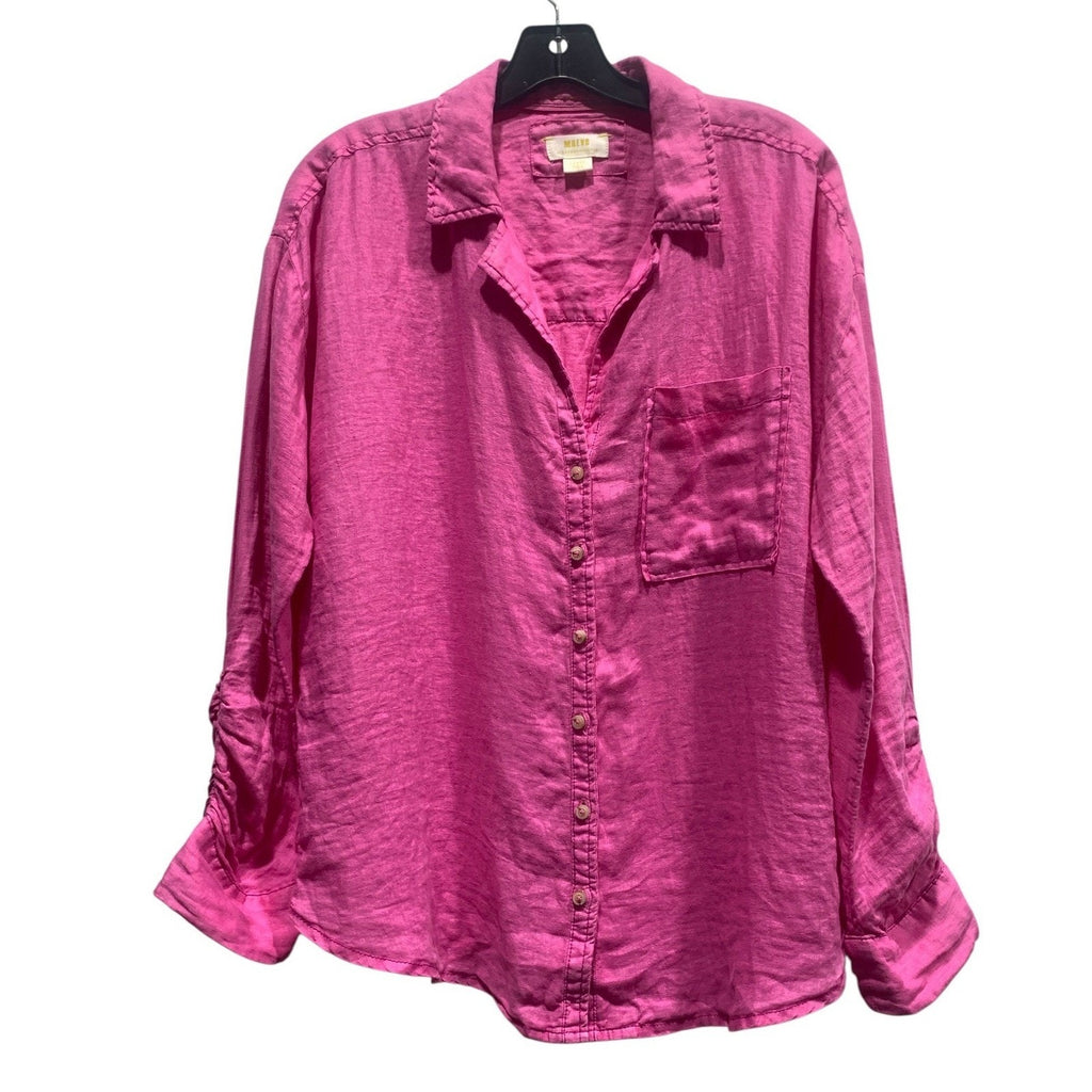Maeve Anthropologie Hot Pink 100% Linen Ruched Sleeve Button Down Shirt Large