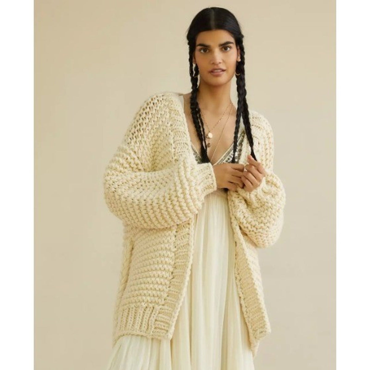 Anthropologie One Size Cream Chunky Knit Oversized Open Front Cardigan Sweater