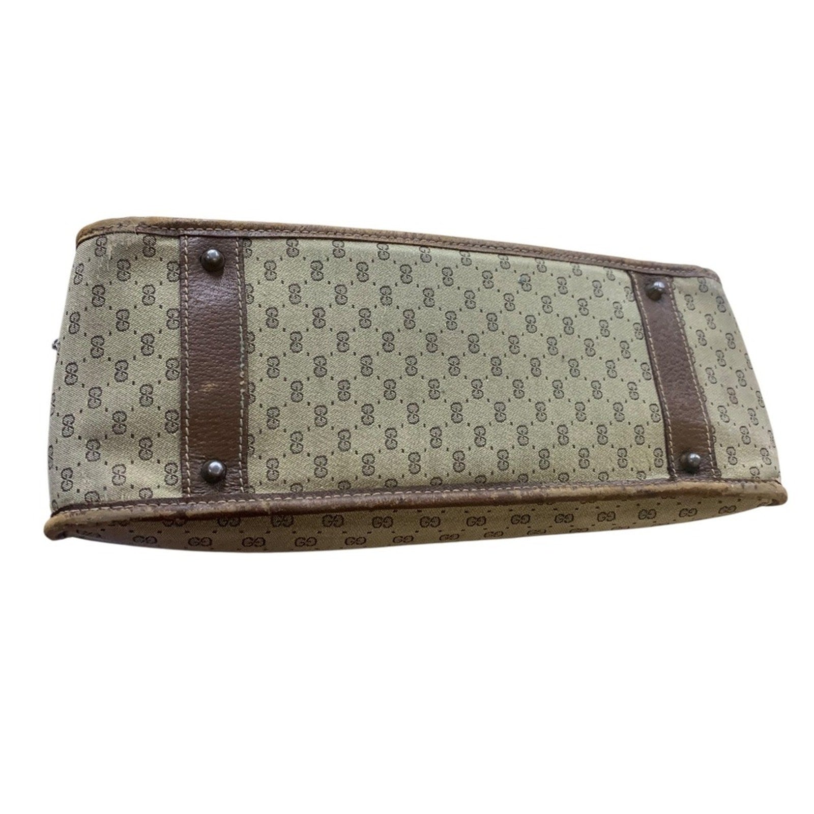 Vintage Gucci GG Monogram Tote Bag Handbag Purse Brown Leather Trim