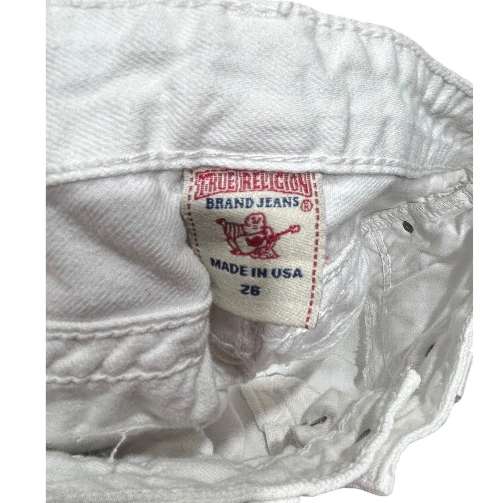 True Religion Jayde White Denim Cut Off Shorts Horseshoe Flap Pocket USA Size 26