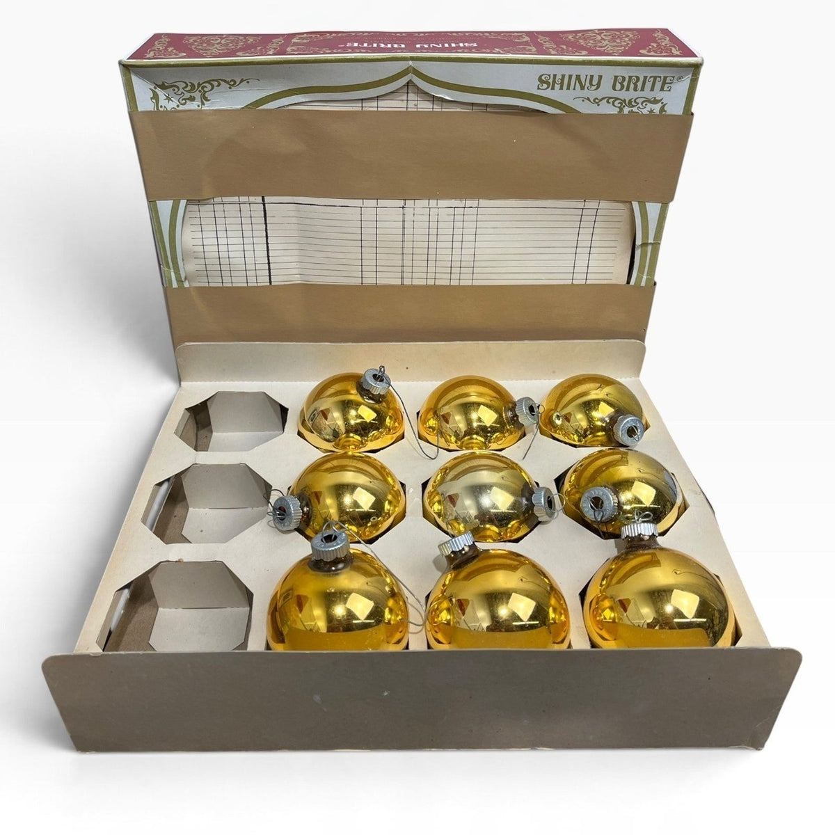 Vintage Shiny Brite Gold Glass Christmas Ornaments Set of 9 USA Made 3in Patina