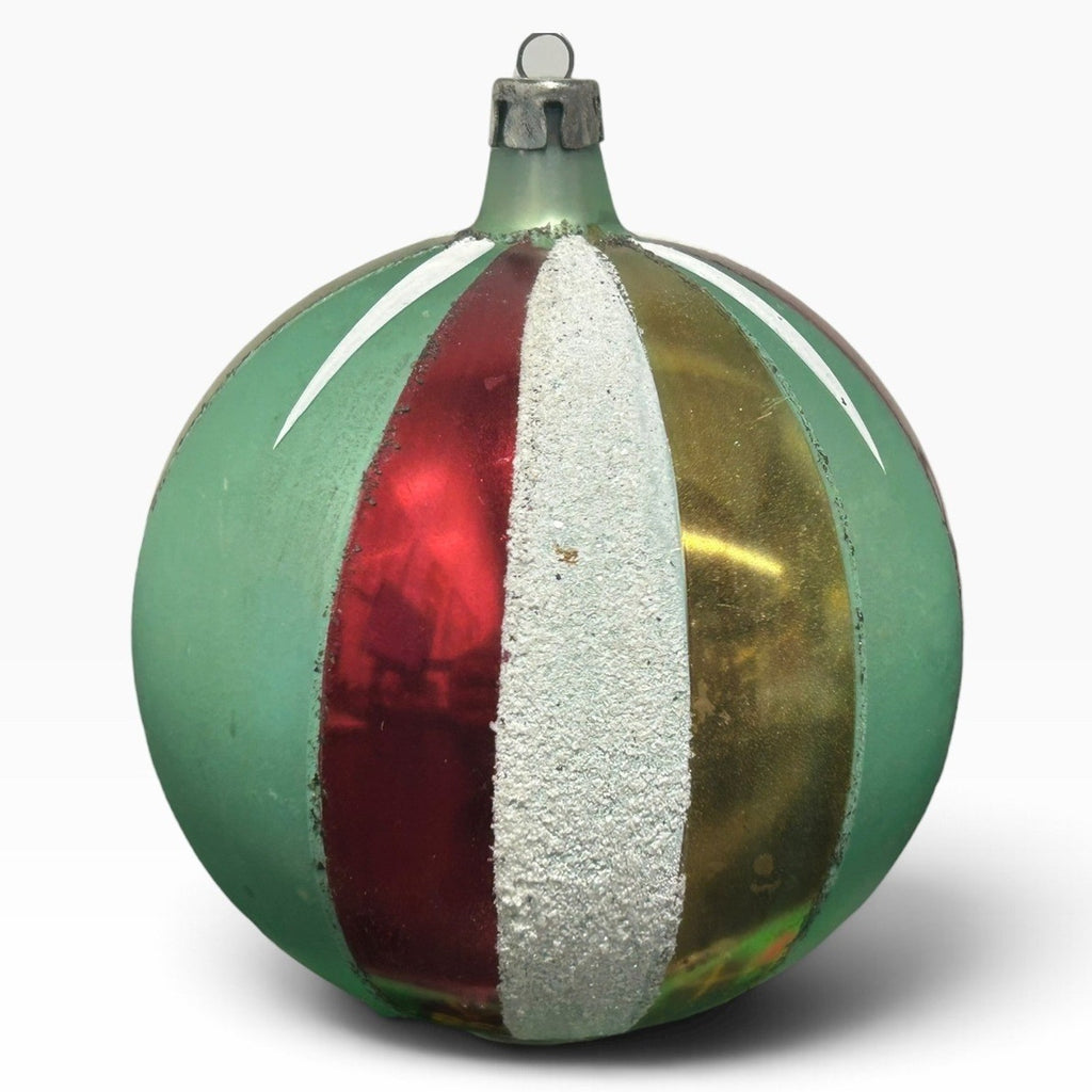 Vintage Poland Jumbo 4in Glass Christmas Ornament Teal Red Gold Striped Patina