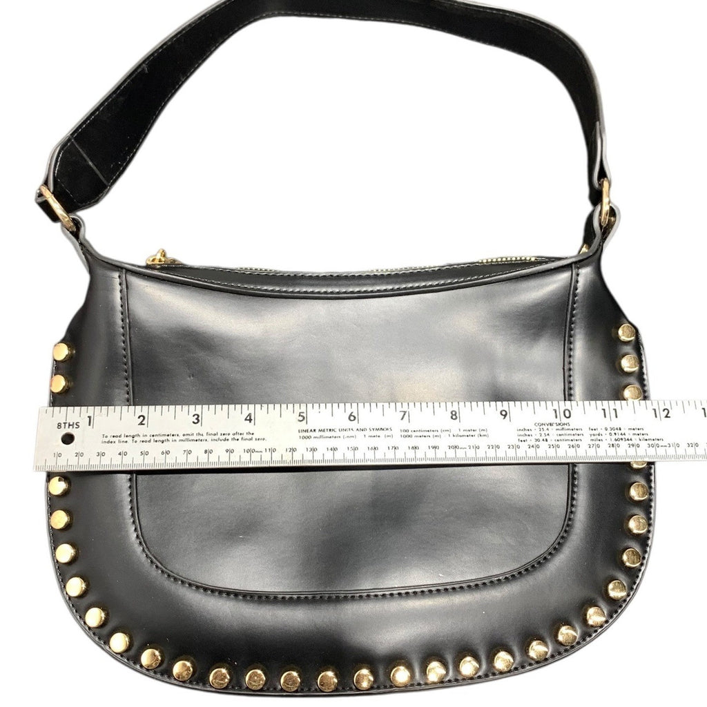 Anthropologie Studded Faux-Leather Shoulder Bag Black Gold Hardware Hobo Crescen