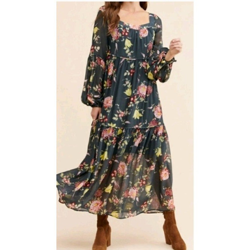 Anthropologie Evelin Maxi Dress Long Puff Sleeve Tiered Square Neck Womens M