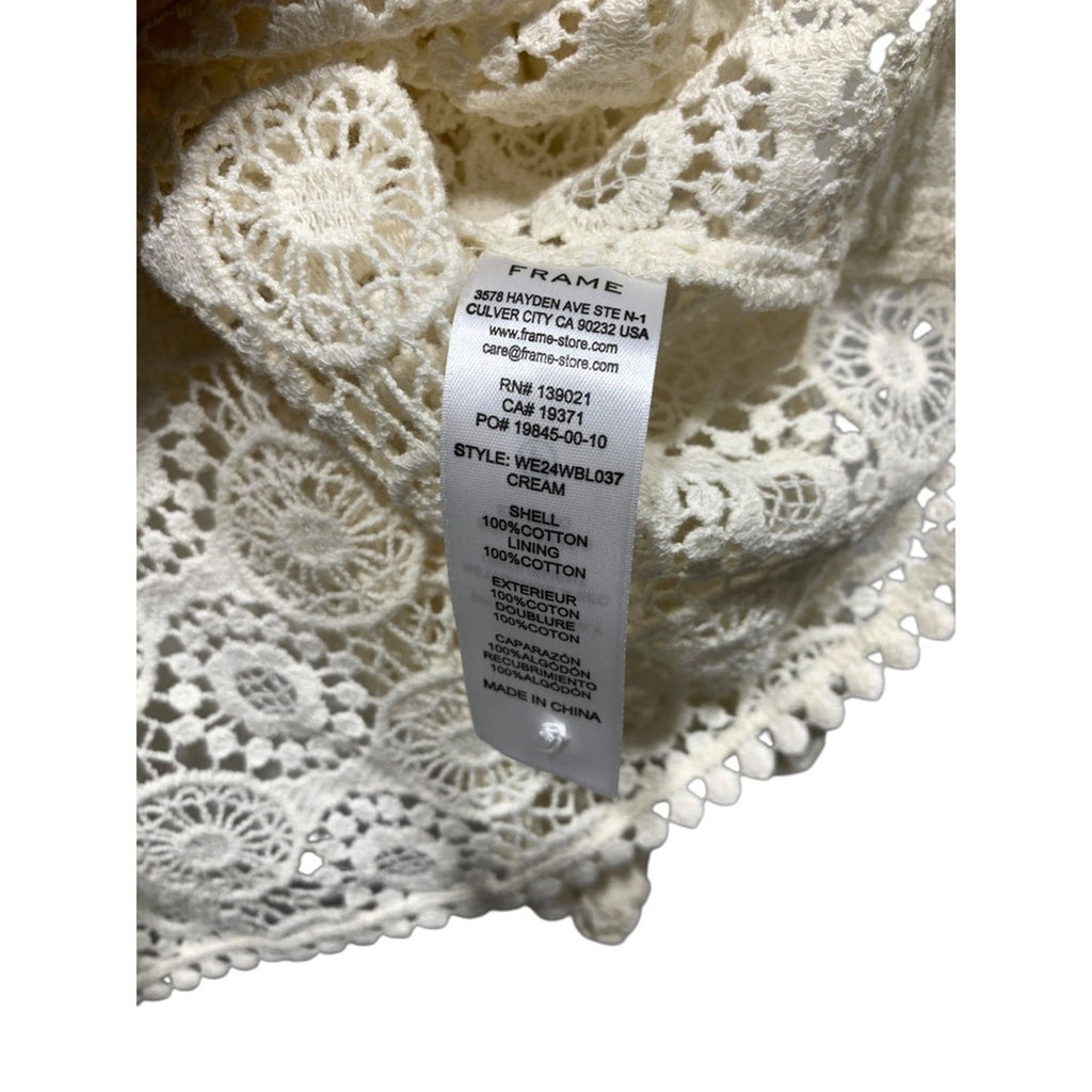 FRAME Cream Crochet Lace Boho Long Sleeve Tassel V Neck Blouse Top M/M