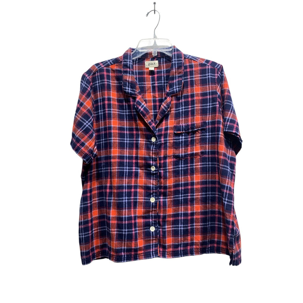 Pact Organic Cotton Flannel Plaid Pajama Top Navy Orange Pink XL Short Sleeve