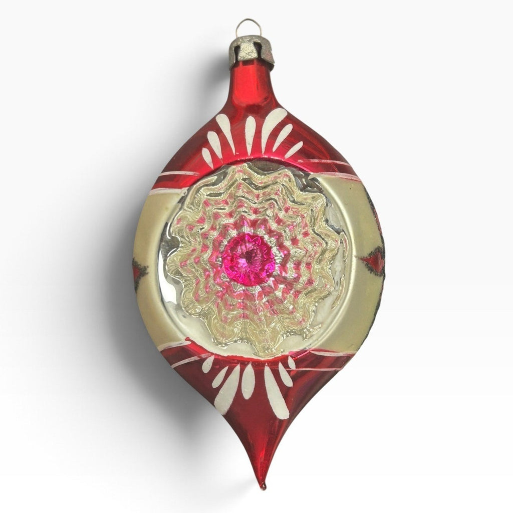 Vintage Poland Teardrop Indented Reflector Glass Christmas Ornament Red 3.25in