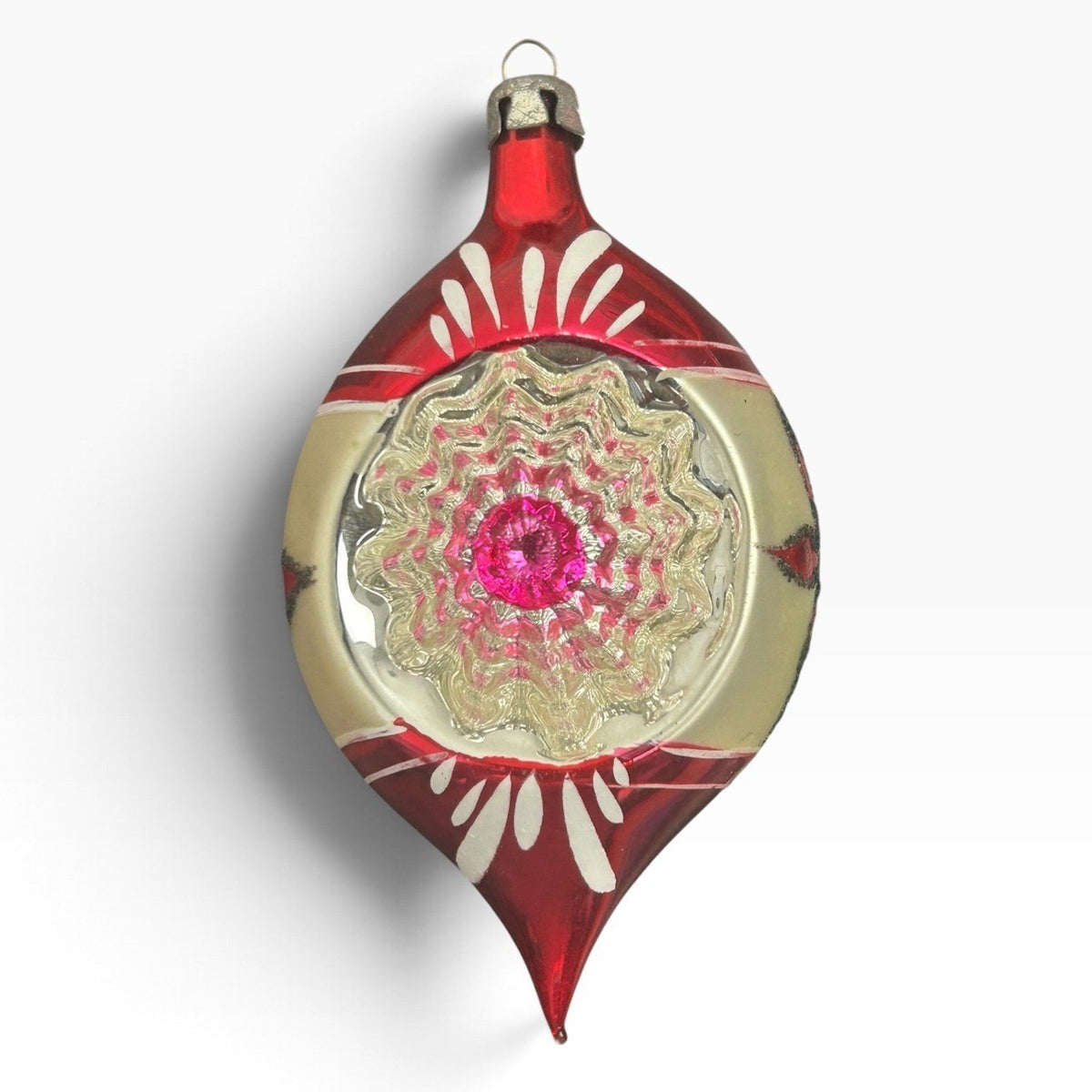 Vintage Poland Teardrop Indented Reflector Glass Christmas Ornament Red 3.25in