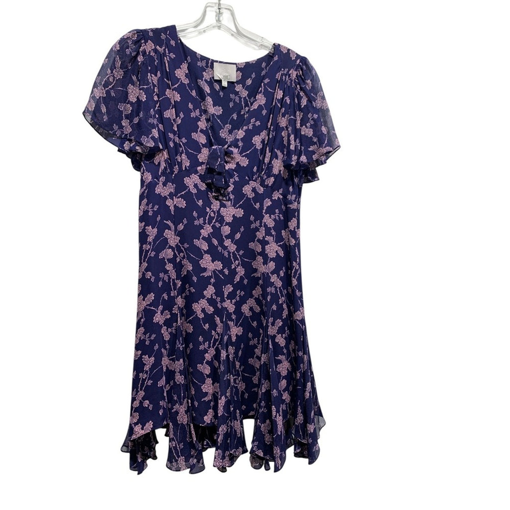Cinq a Sept Floral Annali silk Dress Womens Dress Sz 8 Tie Front Flutter Sleeve