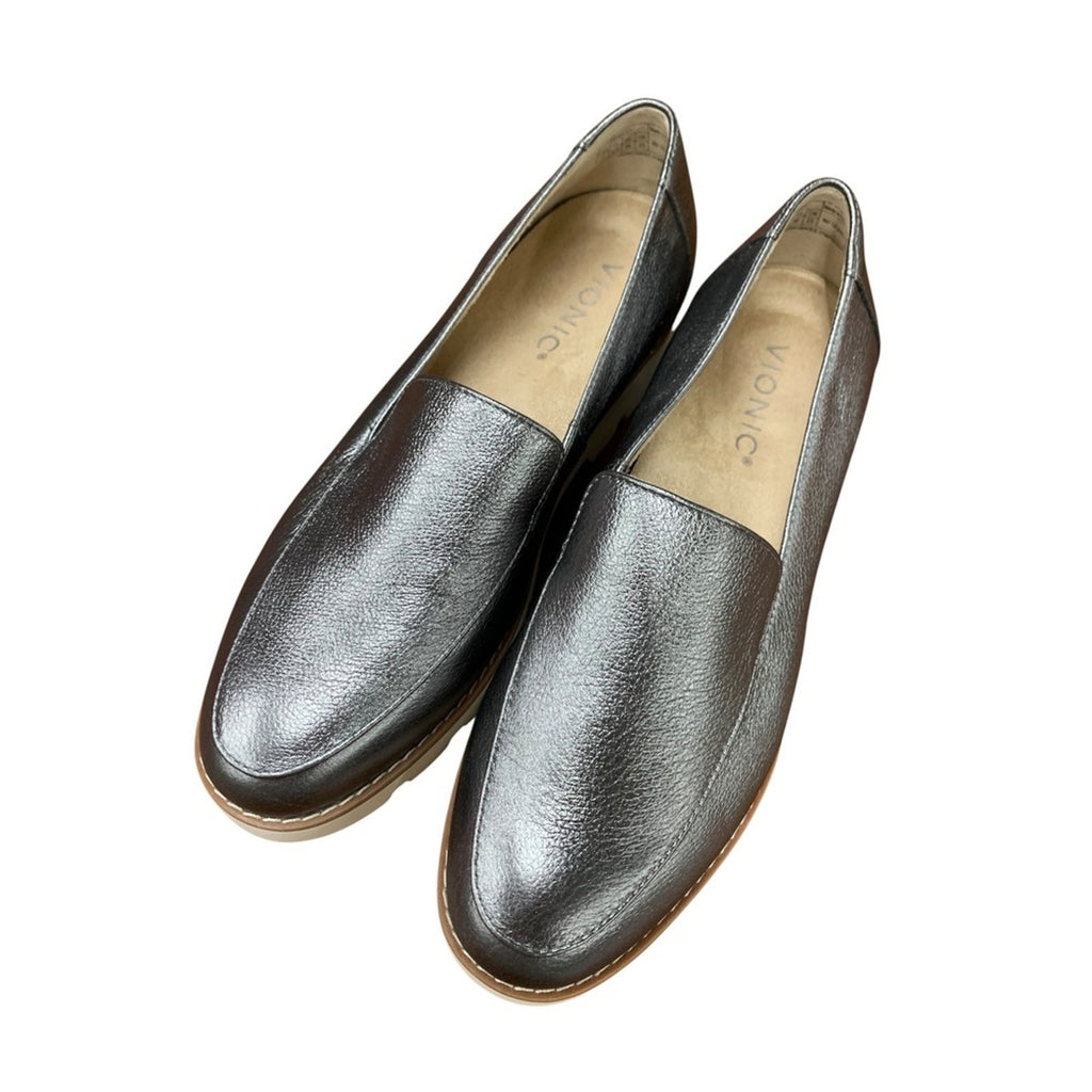 Vionic Kensley Metallic Silver Leather Platform Loafers Size 6 Women's