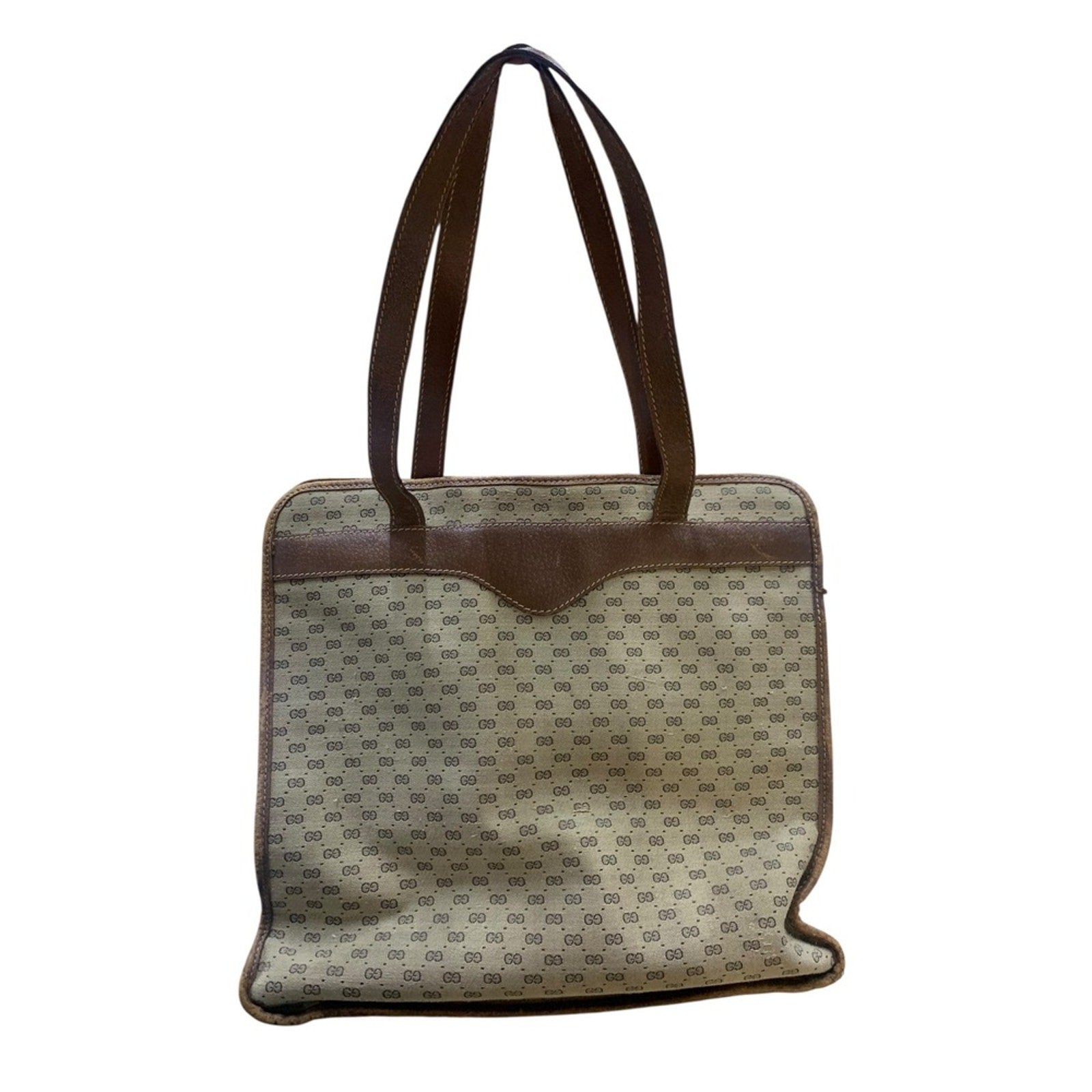Vintage Gucci GG Monogram Tote Bag Handbag Purse Brown Leather Trim