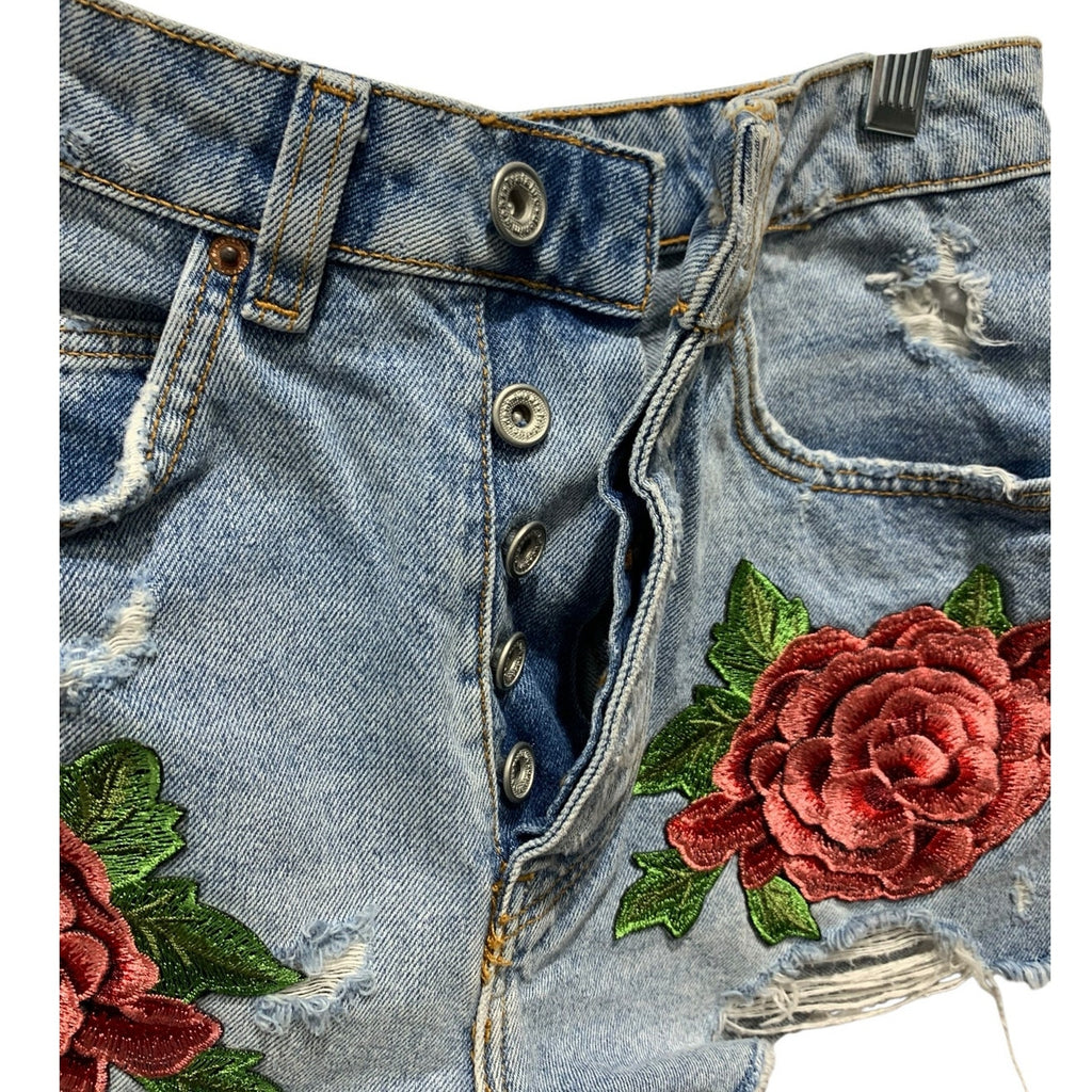 Trafaluc by Zara Women's Size 0 Blue Denim Jean Shorts Floral Embroidered summer