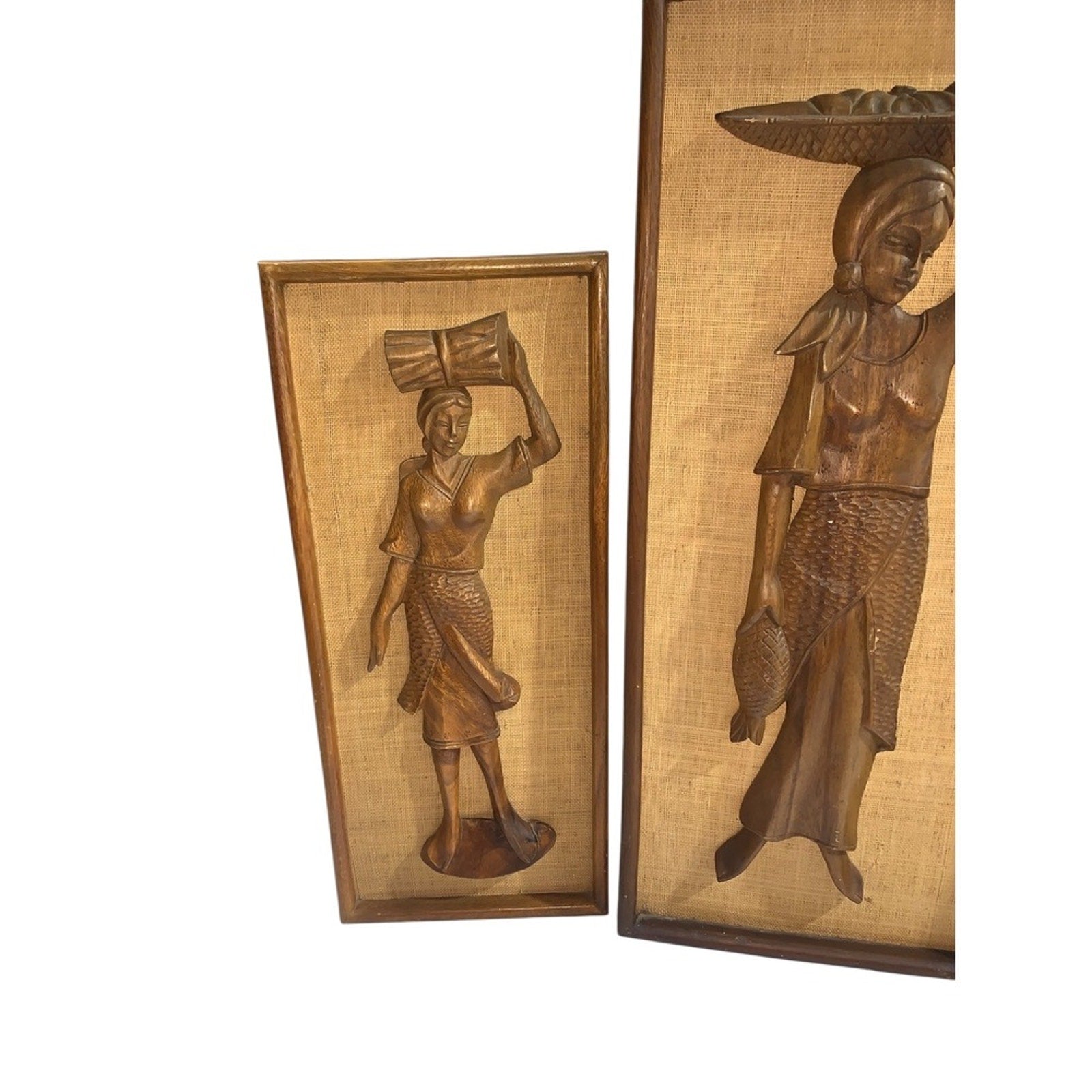 Vintage Carved Wood Figures Wall Art Set 4pc Mid Century Scene Decor