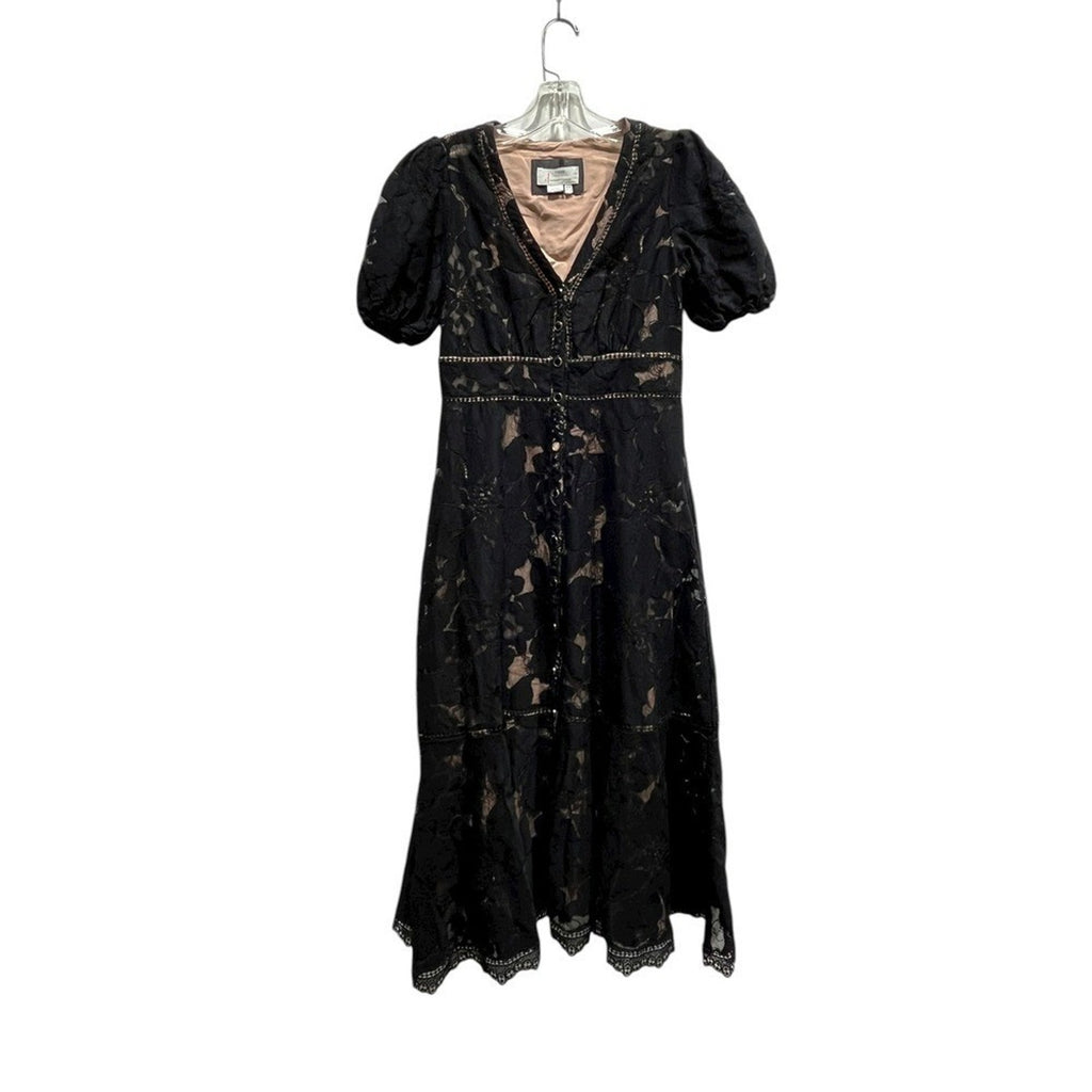 Anthropologie Ophelia Puff Sleeve Elegant Black Lace Dress Midi V Neck size 6