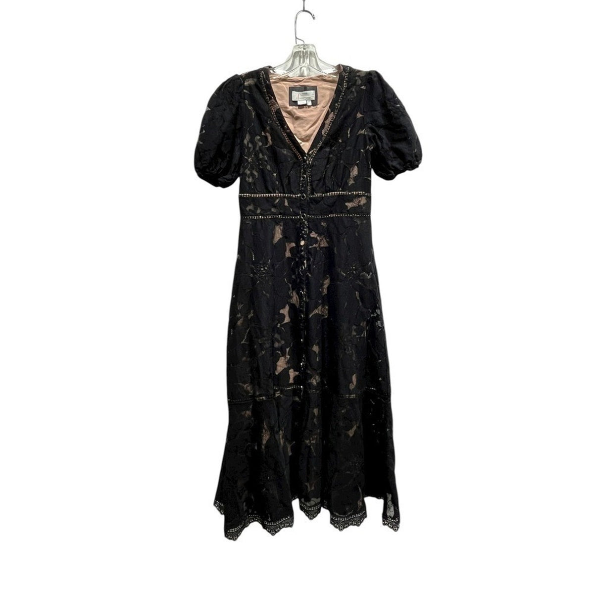 Anthropologie Ophelia Puff Sleeve Elegant Black Lace Dress Midi V Neck size 6
