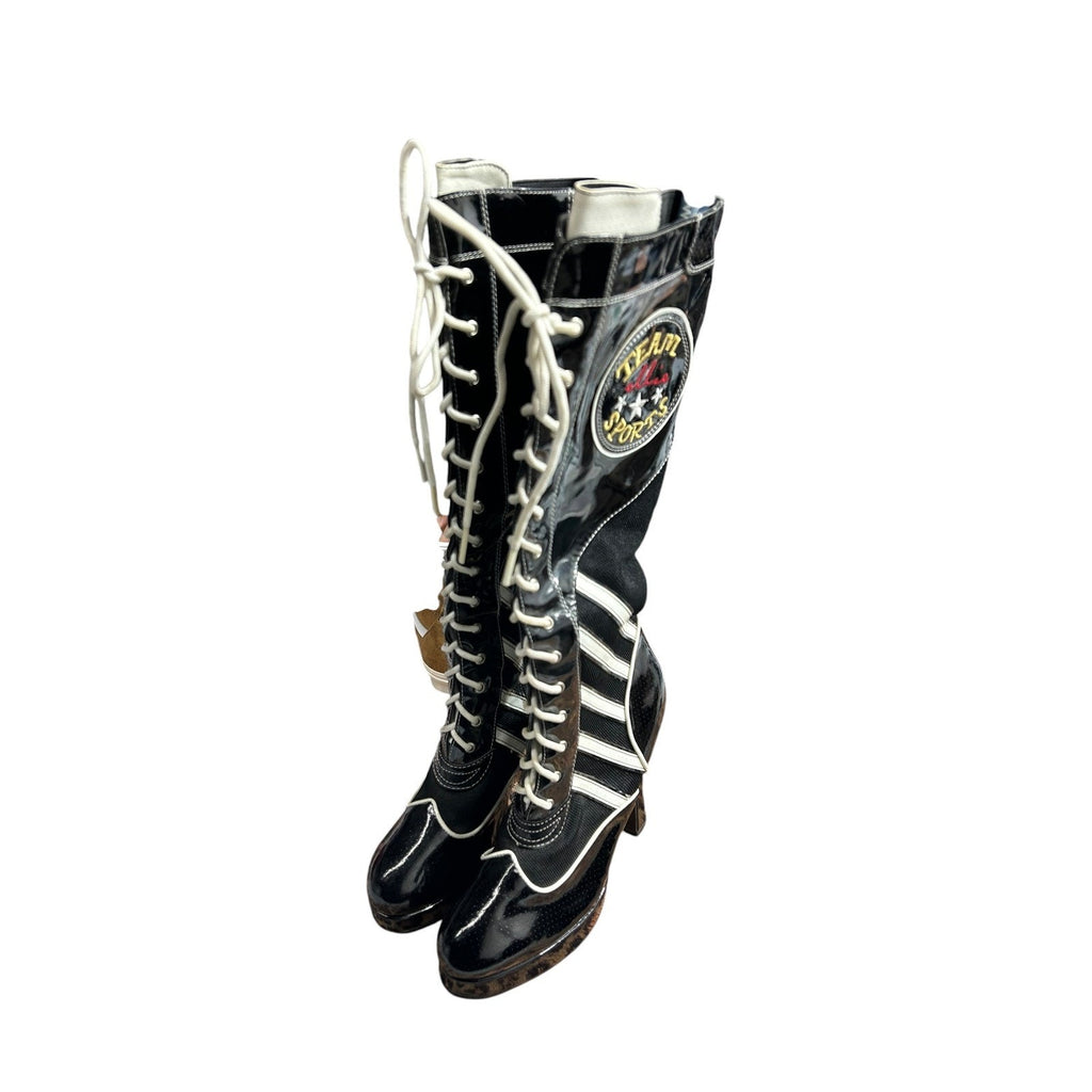 Ellie Shoes Team Sports Black Patent Lace Up Knee High Heel Boots Womens Size 9