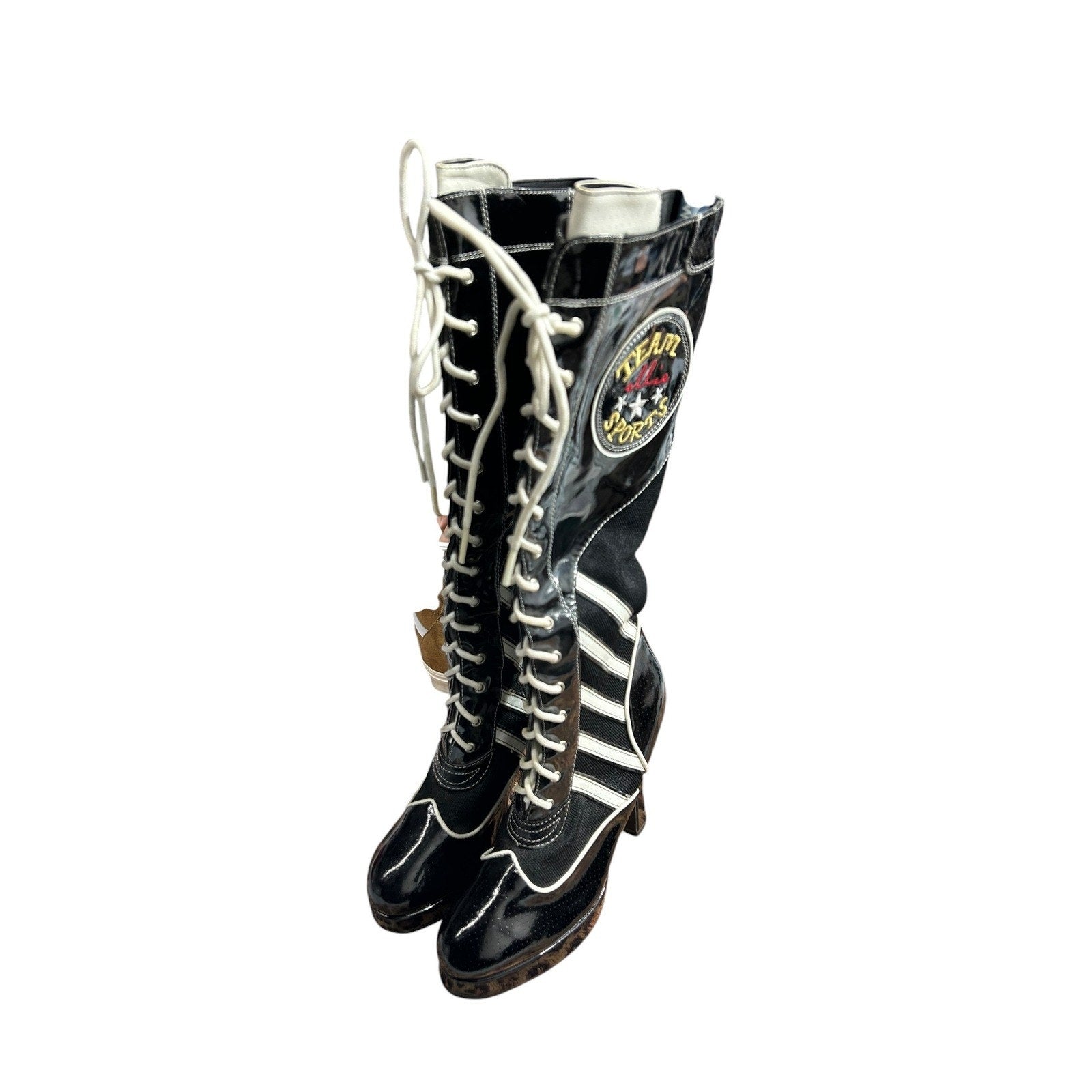 Ellie Shoes Team Sports Black Patent Lace Up Knee High Heel Boots Womens Size 9