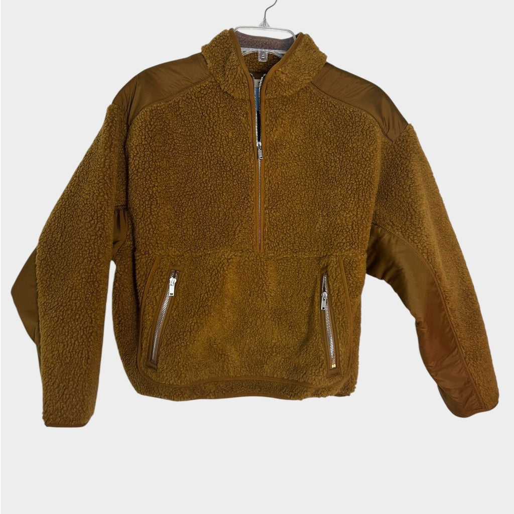 Madewell Womens Small Faux Shearling Half Zip Pullover Sweater Brown Contrast