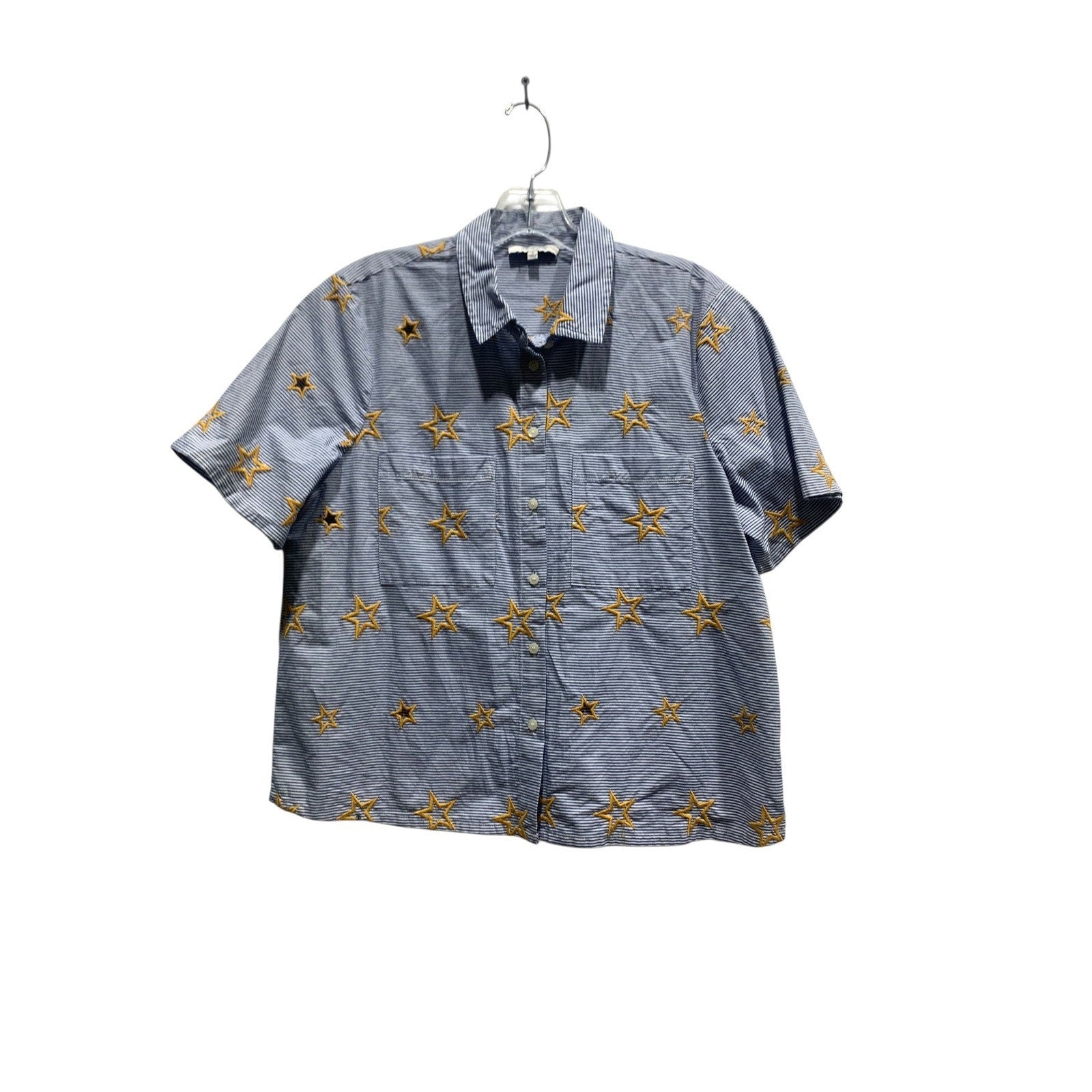 Madewell Blue White Pinstripe Yellow Star Embroidered Shirt Sz M Preppy Coastal
