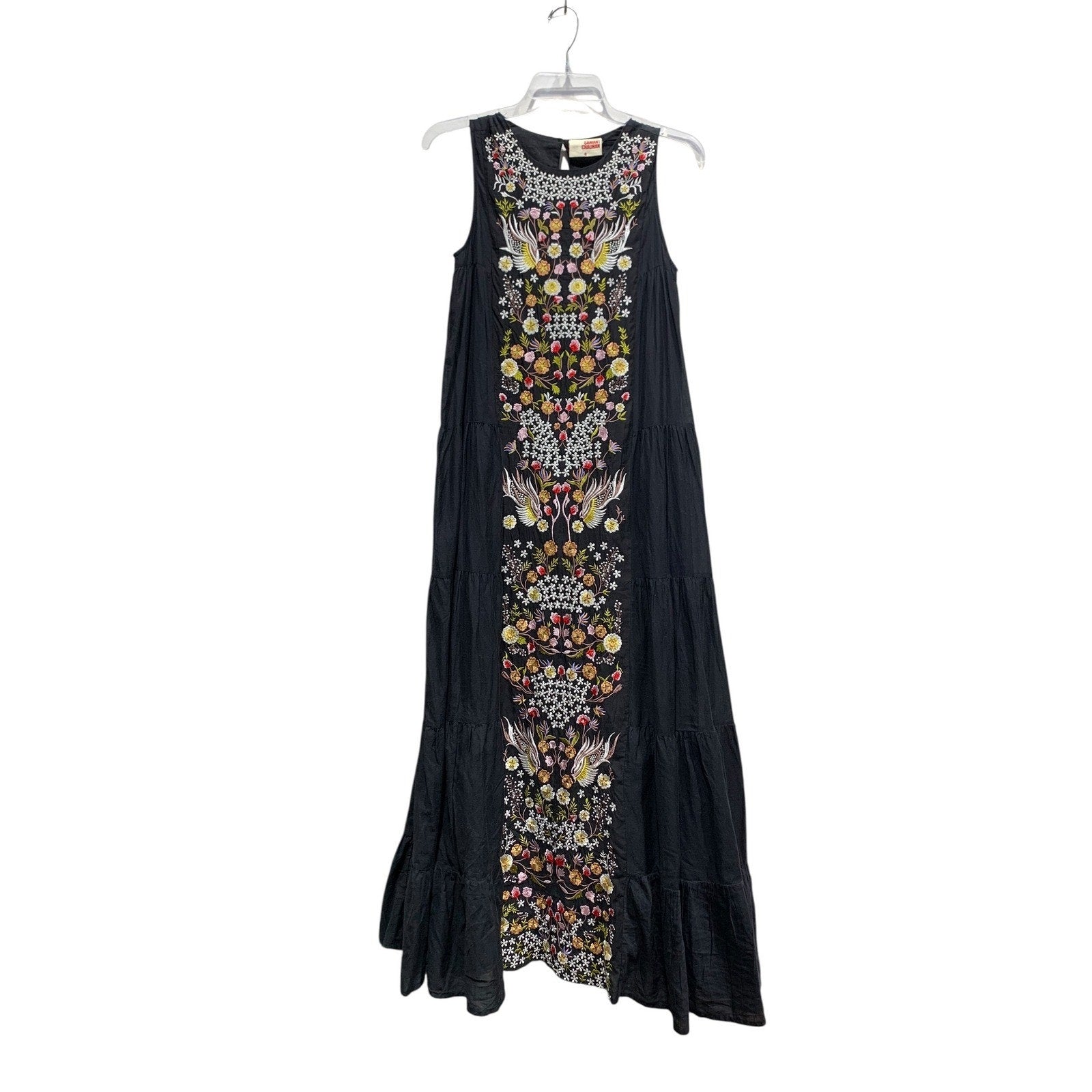 Samant Chauhan Anthropologie Black Embroidered Bird Floral Tiered Maxi Dress 0