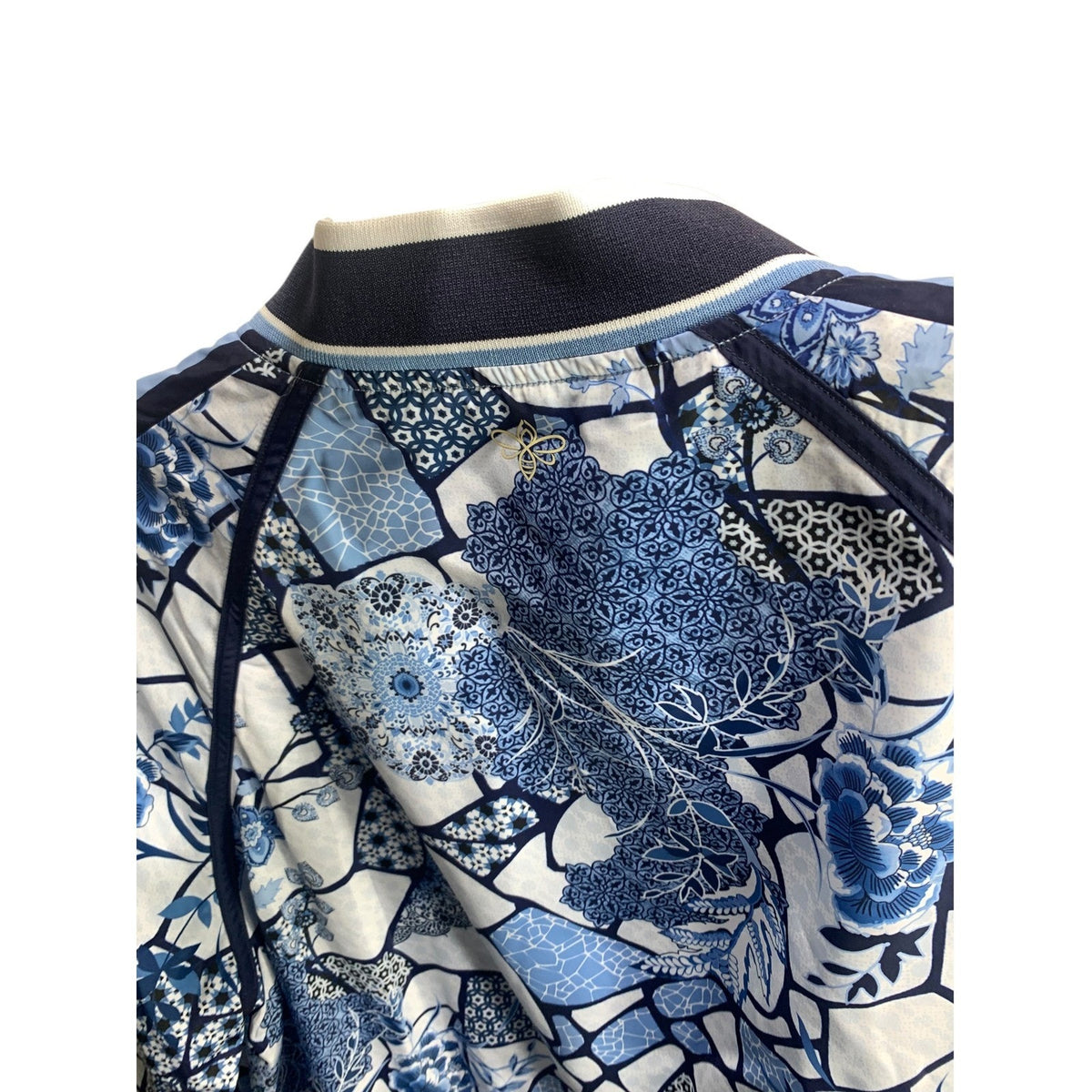 Johnny Was Bee Active Blue Floral Mosaic Full Zip Bomber Jacket Large L