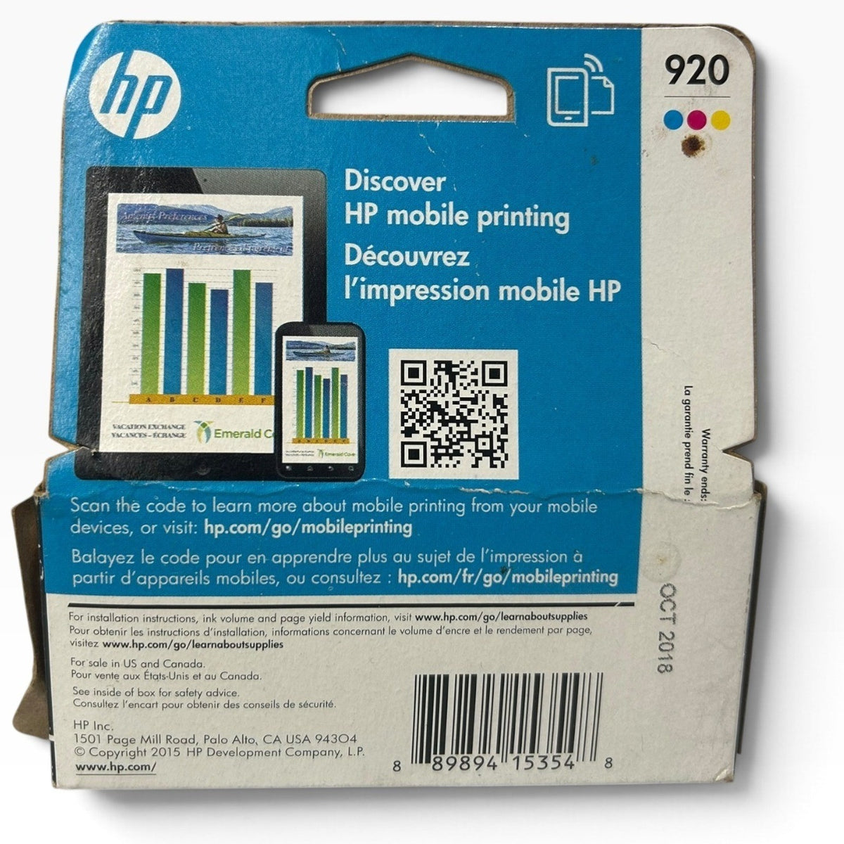 HP 920 Original Ink Cartridges 3-Pack Cyan Magenta Yellow N9H55FN Expired 2018