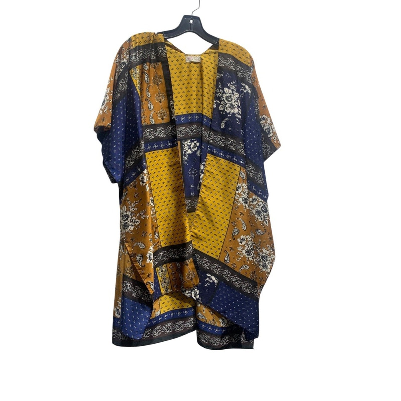 Free People Gold and Blue Mon Cheri Satin Floral Kimono, One Size