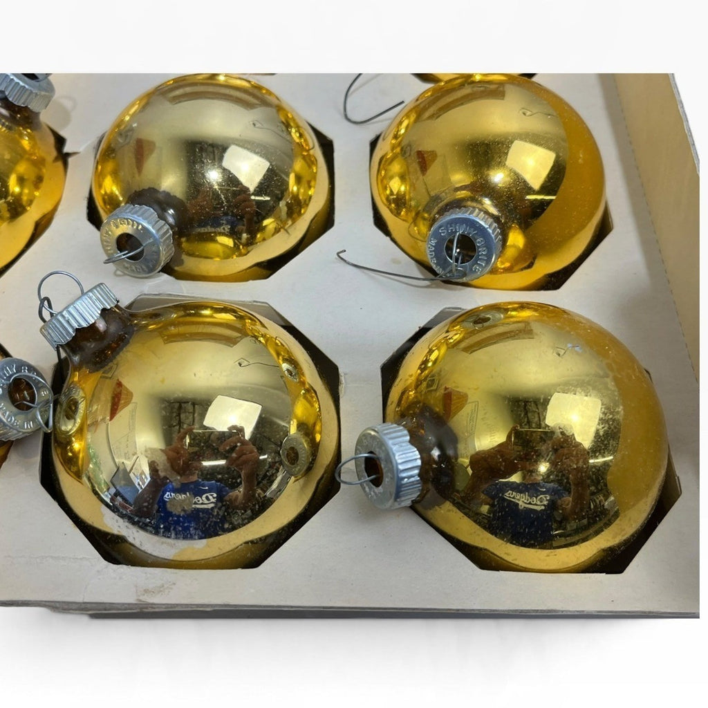 Vintage Shiny Brite Gold Glass Christmas Ornaments Set of 9 USA Made 3in Patina