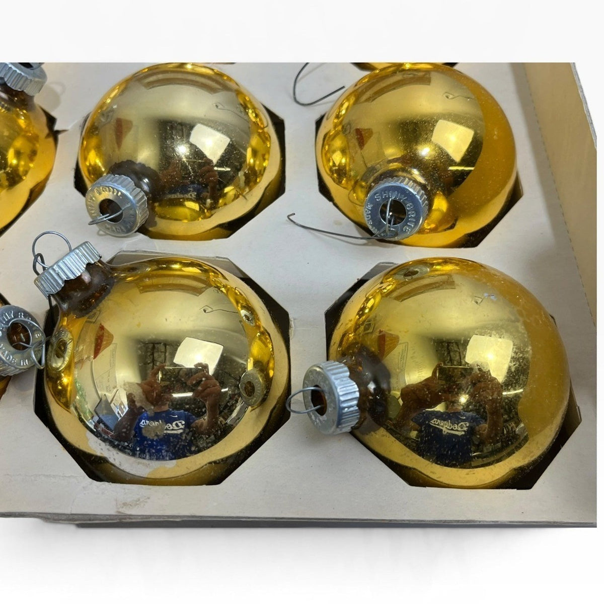 Vintage Shiny Brite Gold Glass Christmas Ornaments Set of 9 USA Made 3in Patina