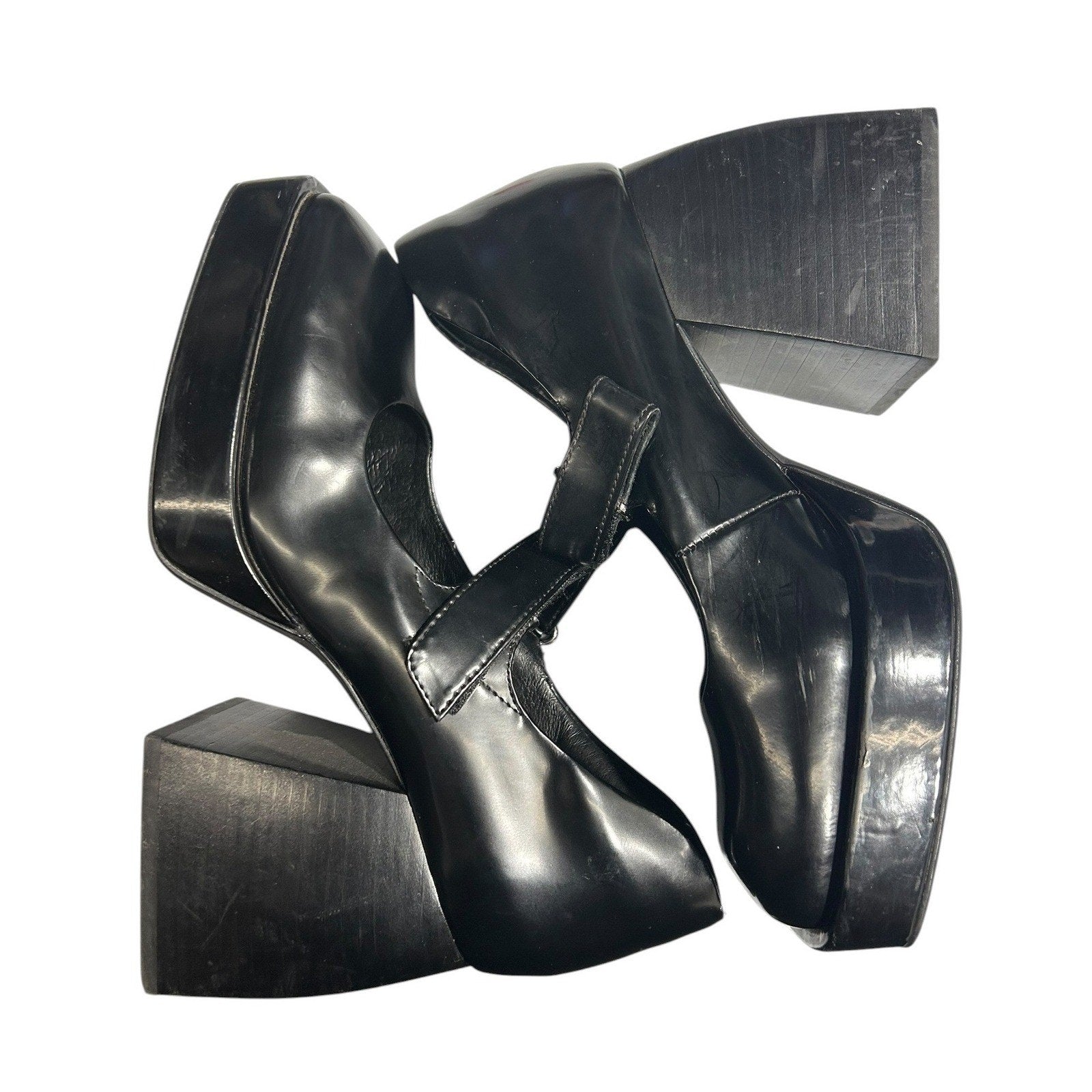 Jeffrey Campbell Reine Black Leather Square Toe Platform Mary Jane Pumps Size 7