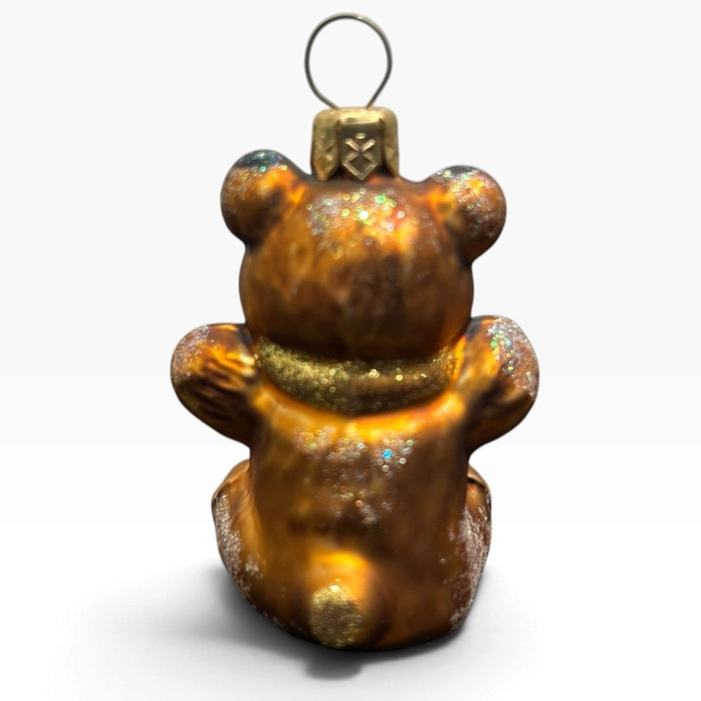 Small Amber Blown Glass Teddy Bear Christmas Ornament with Glitter Accents 2in
