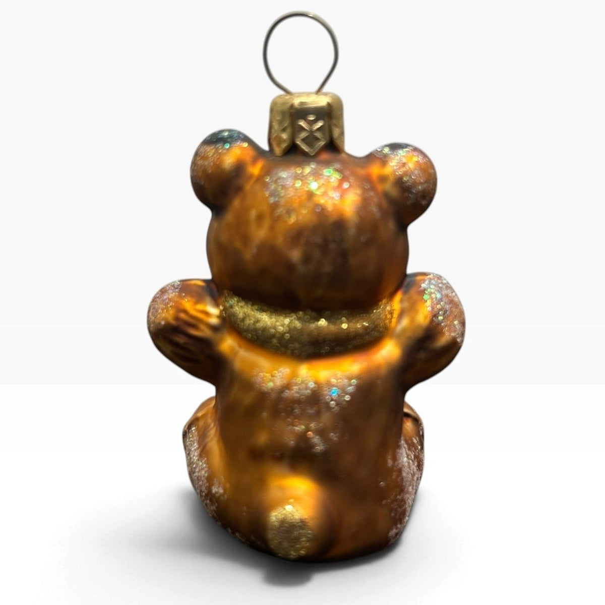 Small Amber Blown Glass Teddy Bear Christmas Ornament with Glitter Accents 2in