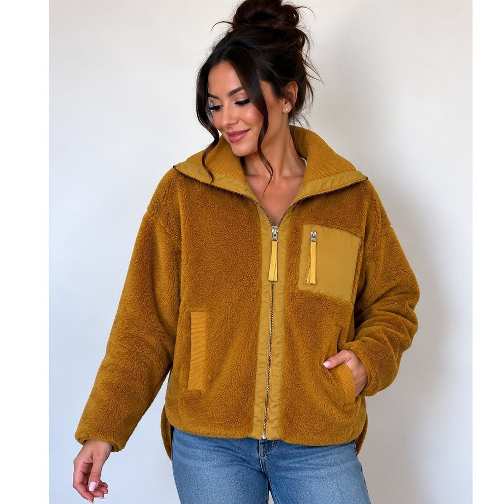 Varley Myla Zip Through Sherpa Jacket Mustard Yellow VAR01703 Small FALL COZY