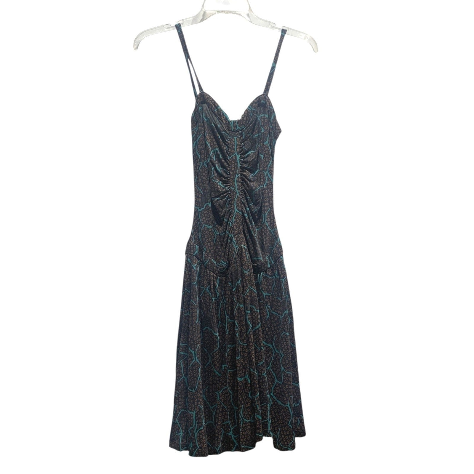 Diane von Furstenberg Silk Midi Dress Brown Blue Print Ruched Strap sz 2