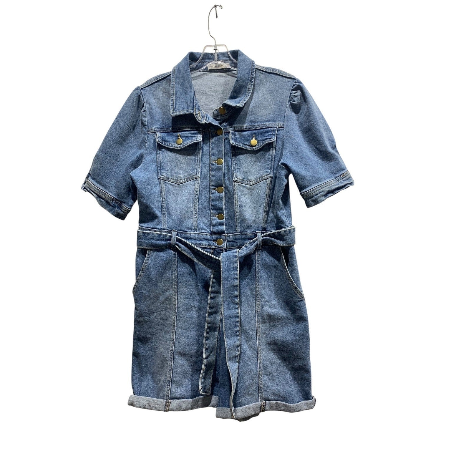 Avec Les Filles Womens Denim Romper Medium Wash Short Sleeve Belted Blue Size L