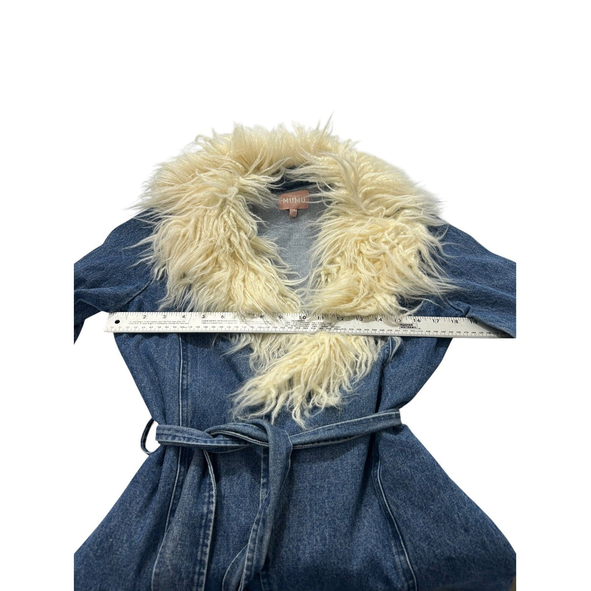 Show Me Your Mumu Penny Lane Coat Blue Denim Faux Fur Trim Wrap Jacket XS 70s