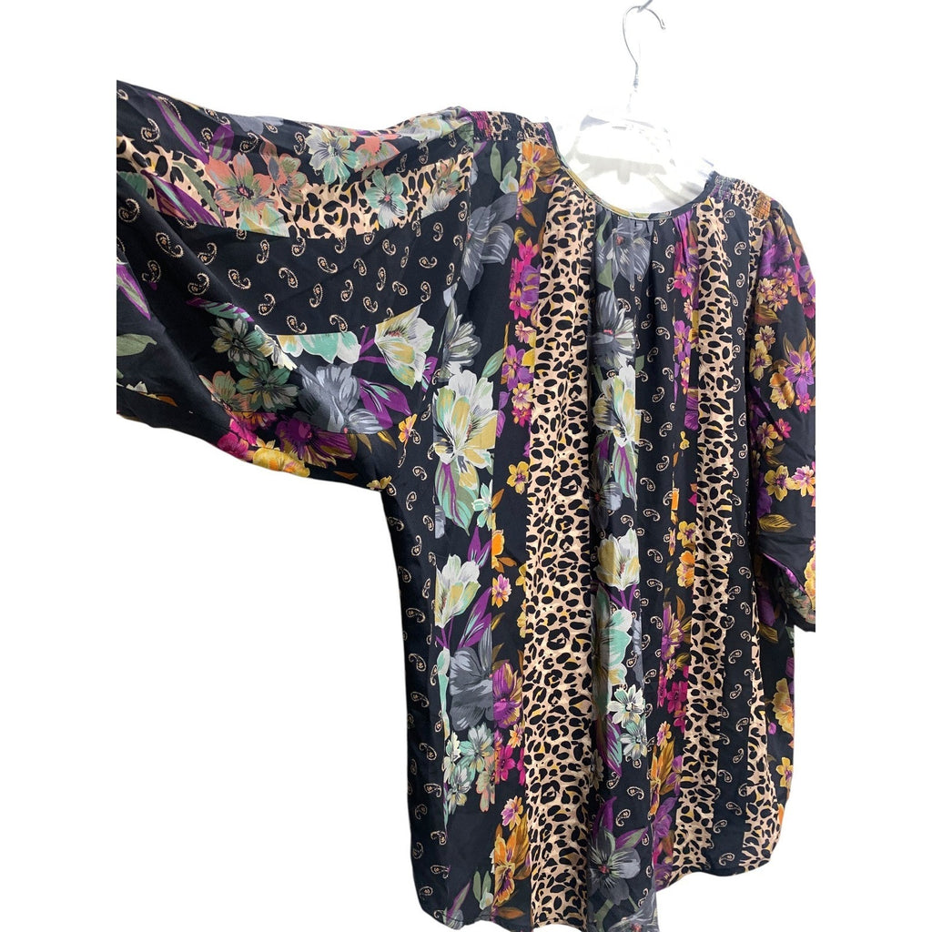 Johnny Was Zane Silk Easy Blouse Blend Patchwork Floral Leopard XL Black Multi