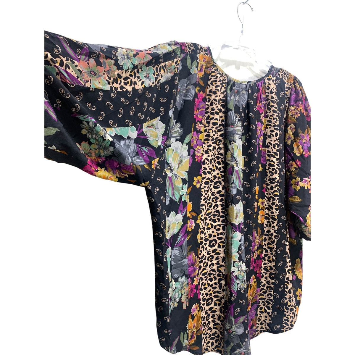 Johnny Was Zane Silk Easy Blouse Blend Patchwork Floral Leopard XL Black Multi
