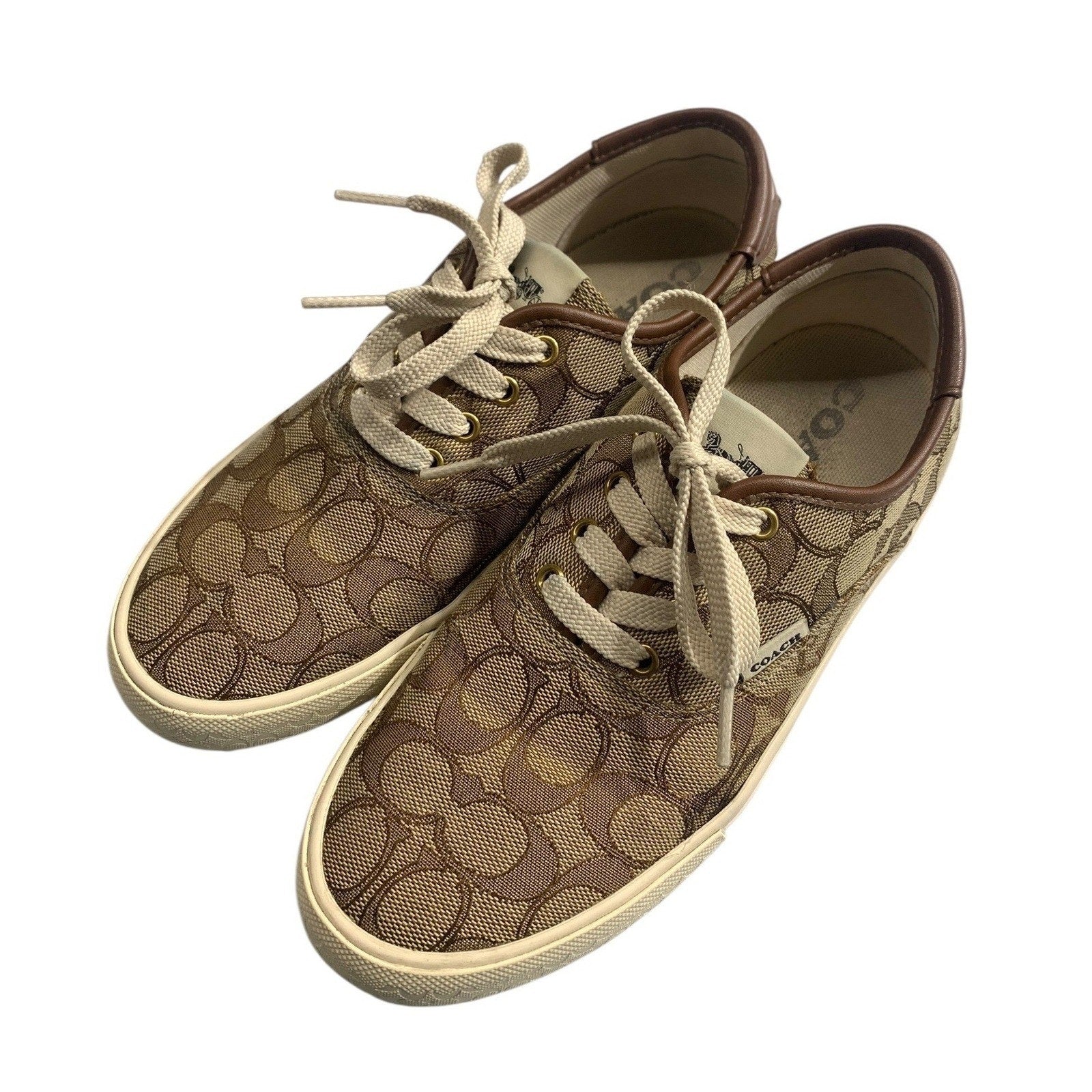 Coach C2705 Signature Monogram Canvas Low Top Sneakers Khaki Brown Womens 6.5B