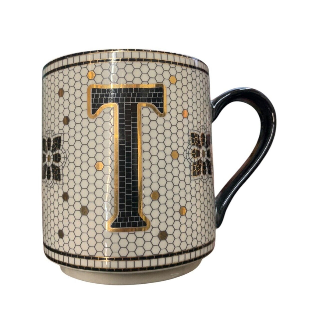 Anthropologie initial letter T Mug Black Gold Honeycomb Mosaic Tile Mug