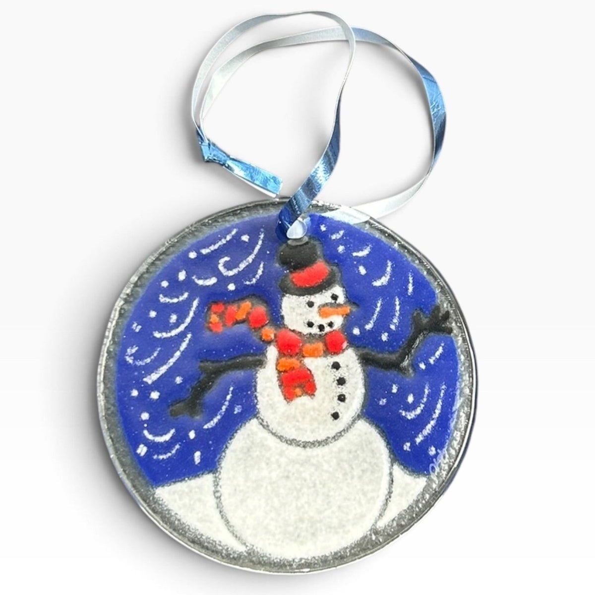 Peggy Karr Vintage Fused Glass Snowman Ornament 3.5 Inch Round Blue White Rare