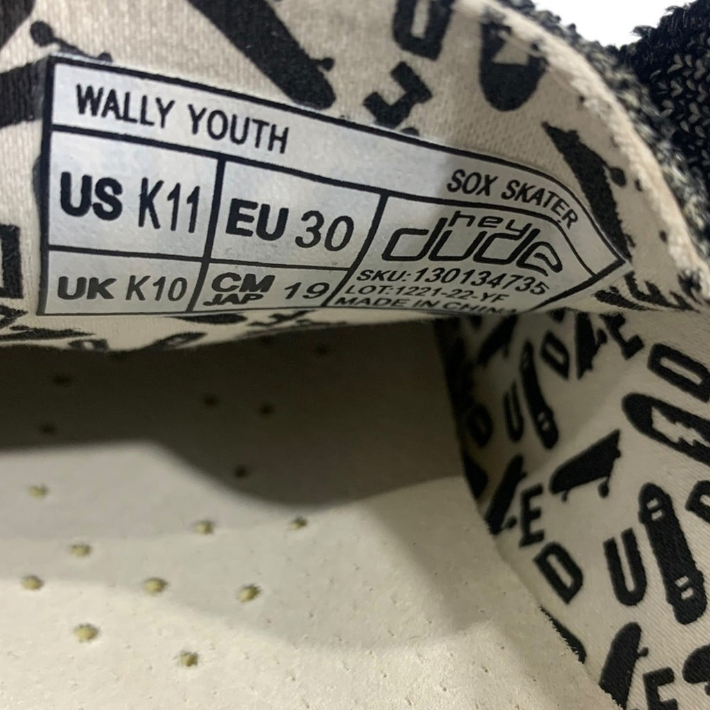 Hey Dude Wally Youth Kids Shoes Size K11 Black Grey Knit Slip On Casual