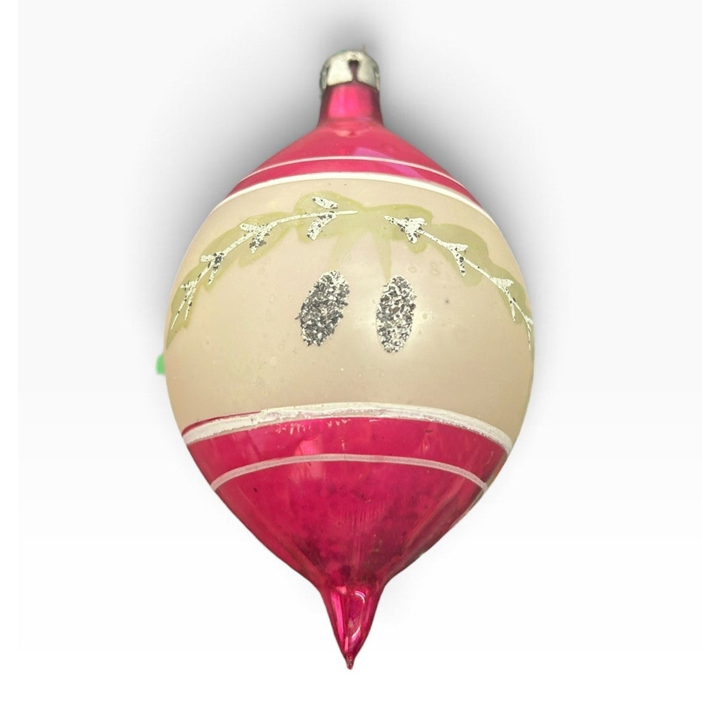 Vintage Poland Pink White Glass Teardrop Christmas Ornament Glitter Patina 3.5in