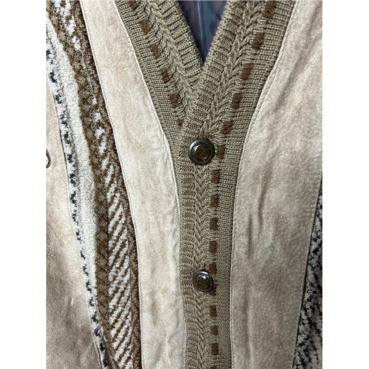 Vintage Maxini Collezione Suede 3D Knit Cardigan Jacket Mens XL Brown Tan patch