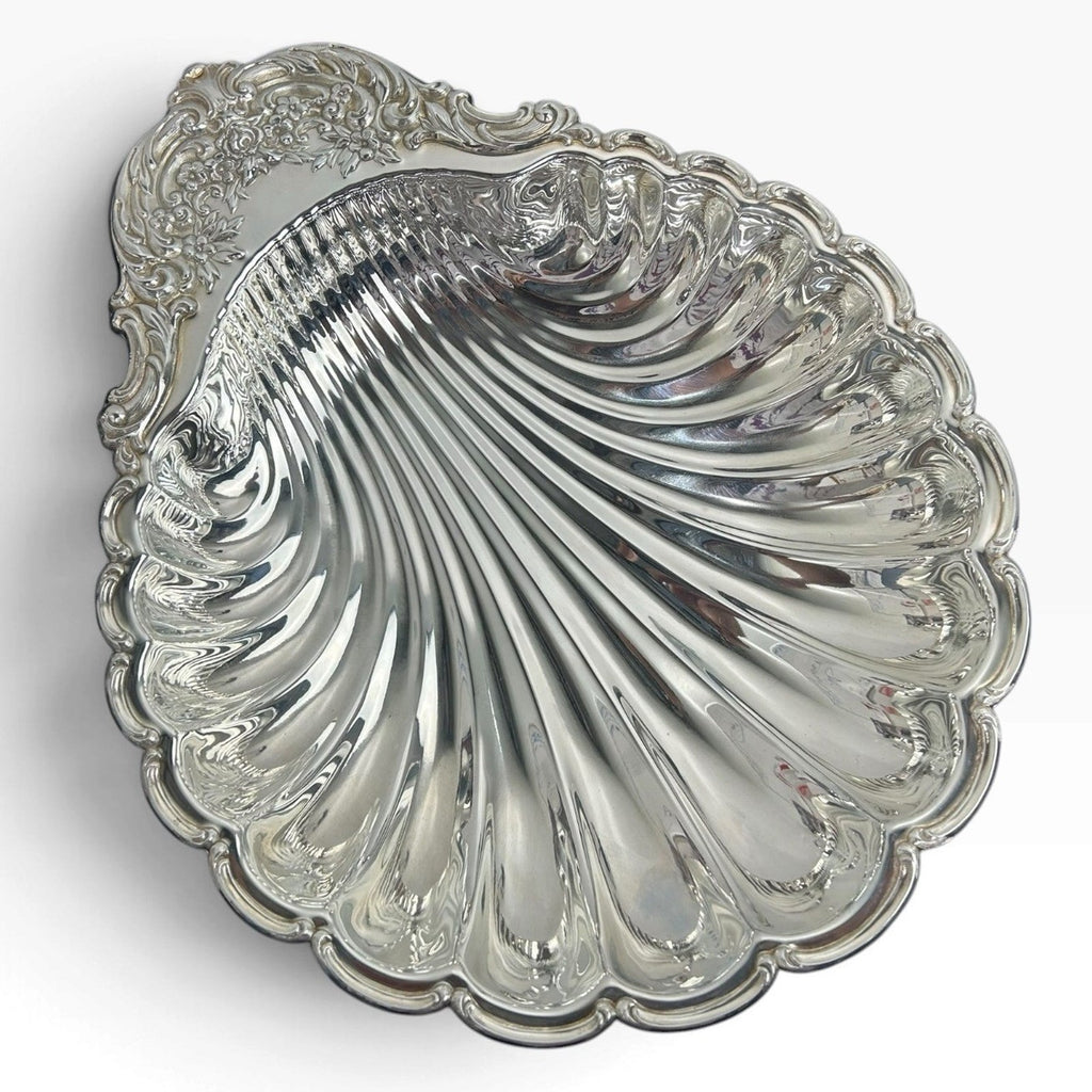 14" Vintage Silver Plated Scalloped Shell Dish Ornate Floral Handle Trinket Tray