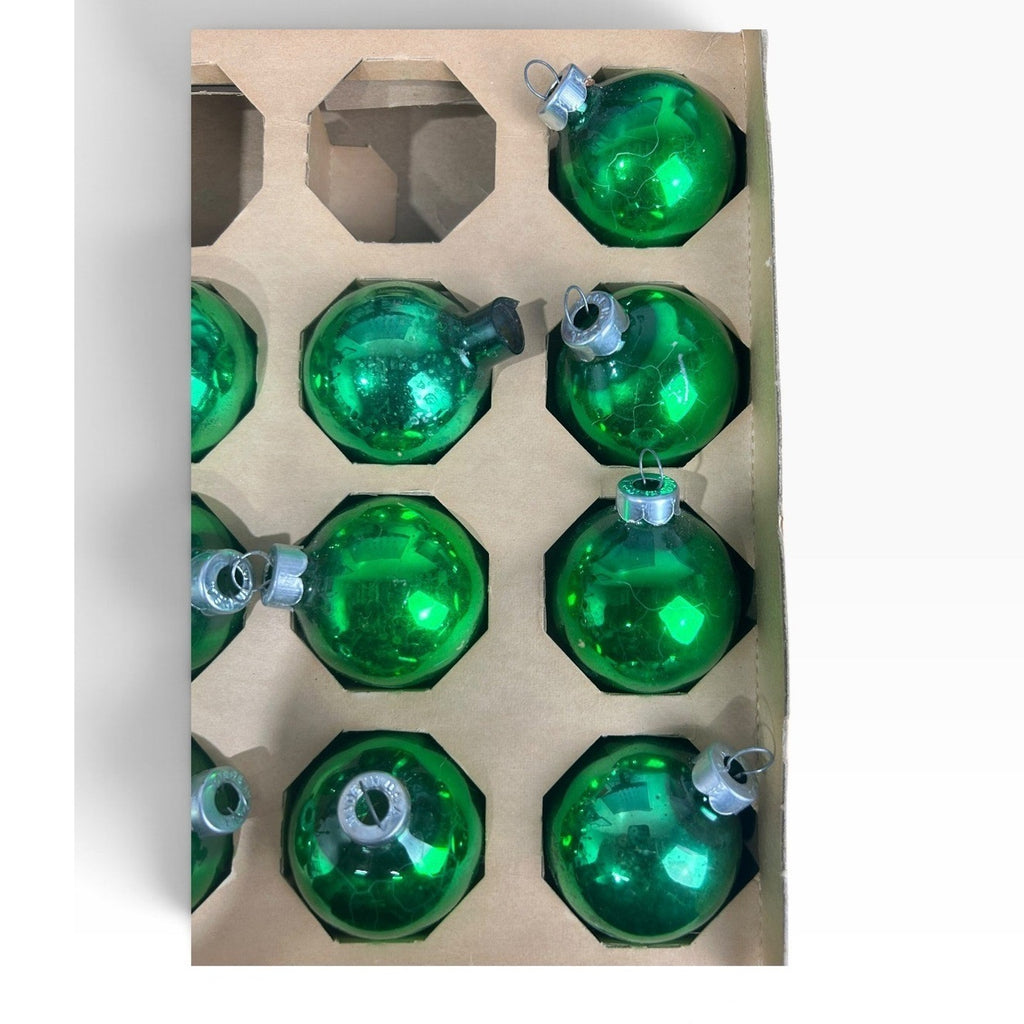 Vintage Holly Green Glass Christmas Ornaments Set of 10 Made in USA #175