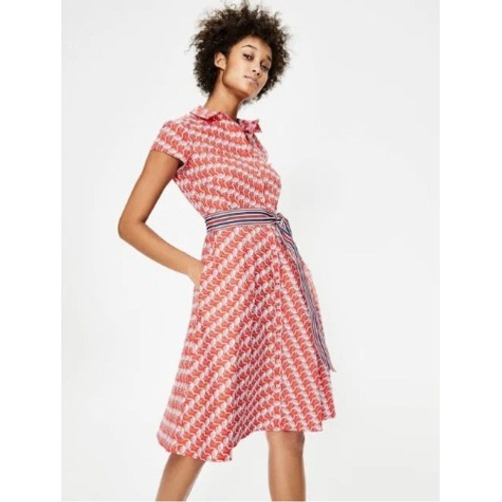 Boden Coral Pink Flamingo Print Belted Short Sleeve Shirt Dress US 10