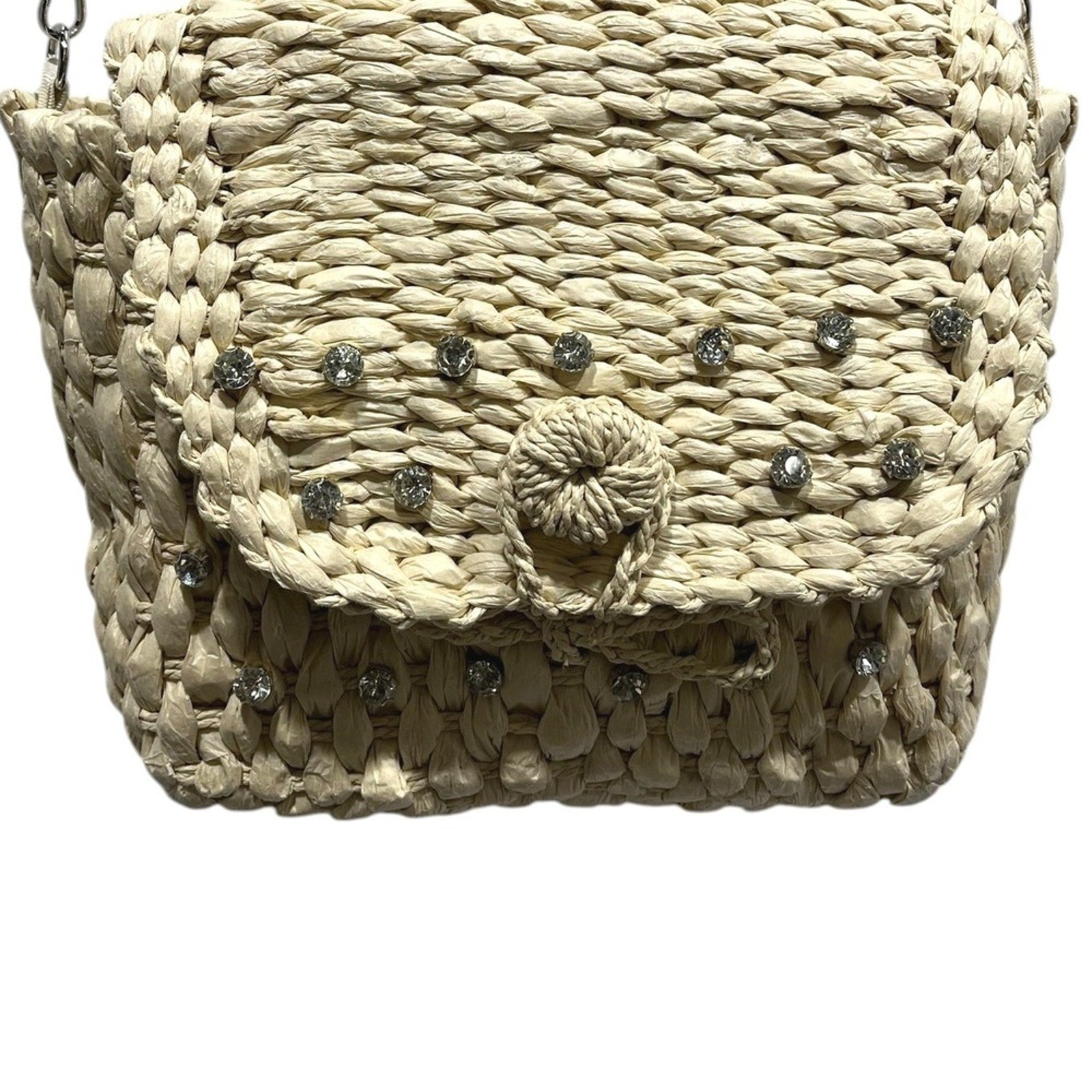 Anthropologie Straw Woven Crossbody Bag Rhinestone Studded Flap Closure