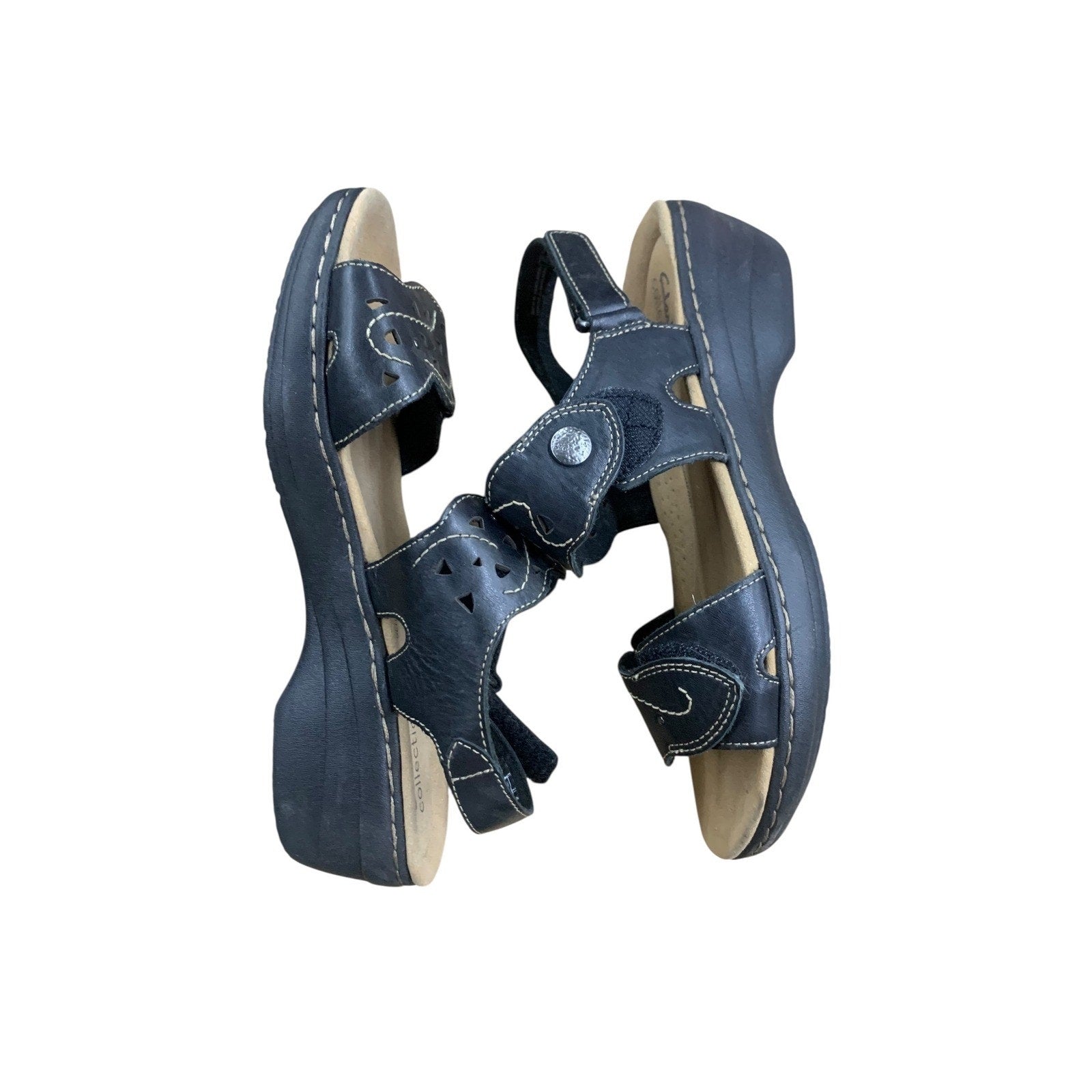 Clarks Collection Black Leather Adjustable Strap Sandals - US Womens 8M