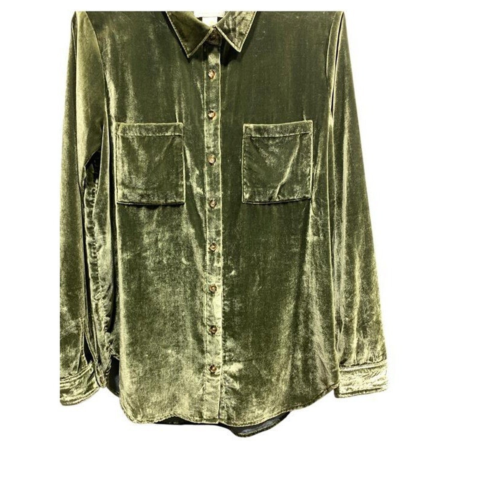 Maeve Anthropologie Olive Green Velvet Button Down Shirt Long Sleeve Womens Sz 6